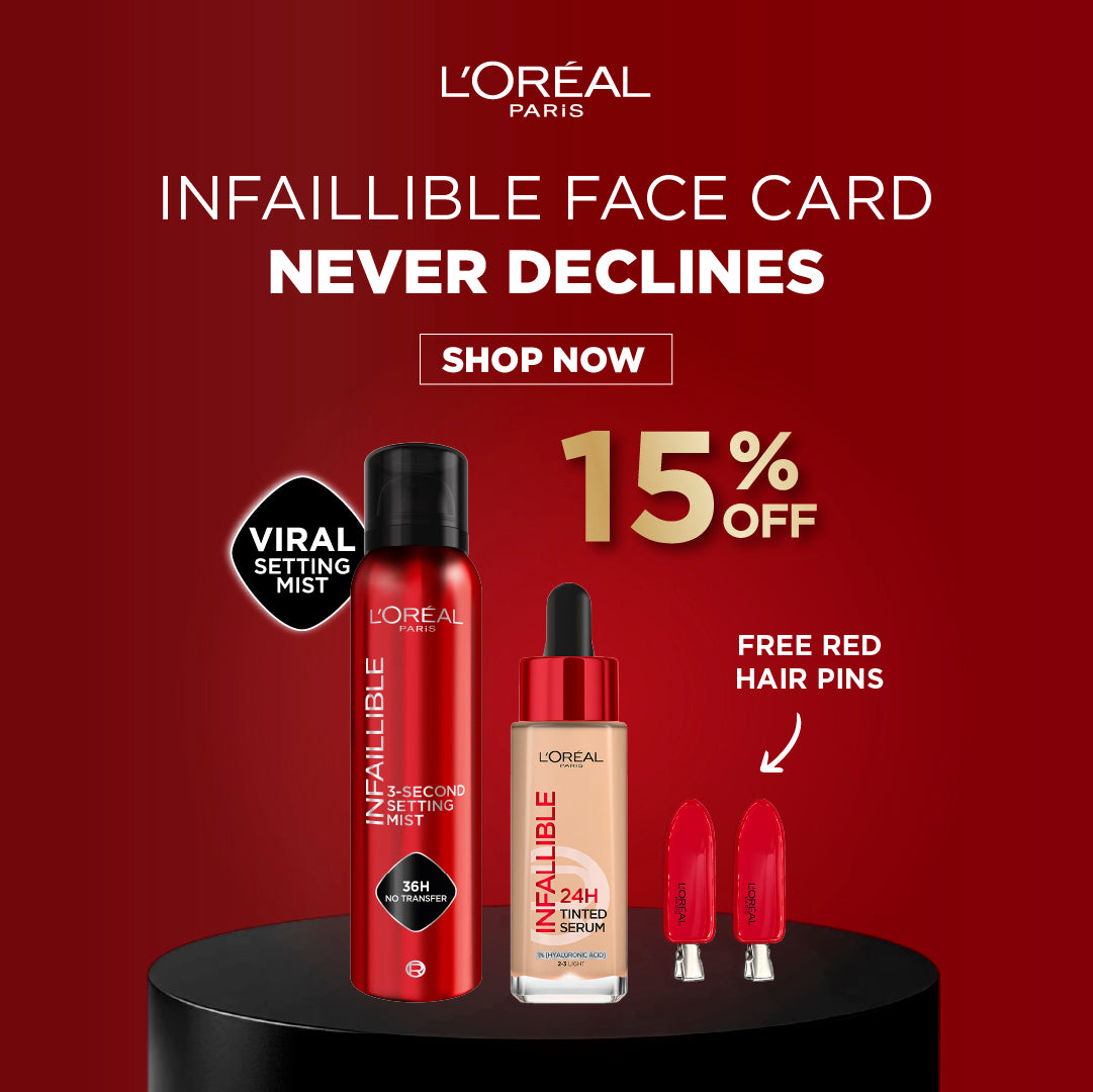 L’Oreal Paris Infallible 24H Tinted Serum + 3-Second Setting Mist + Free Red Hair Pins - 15% off