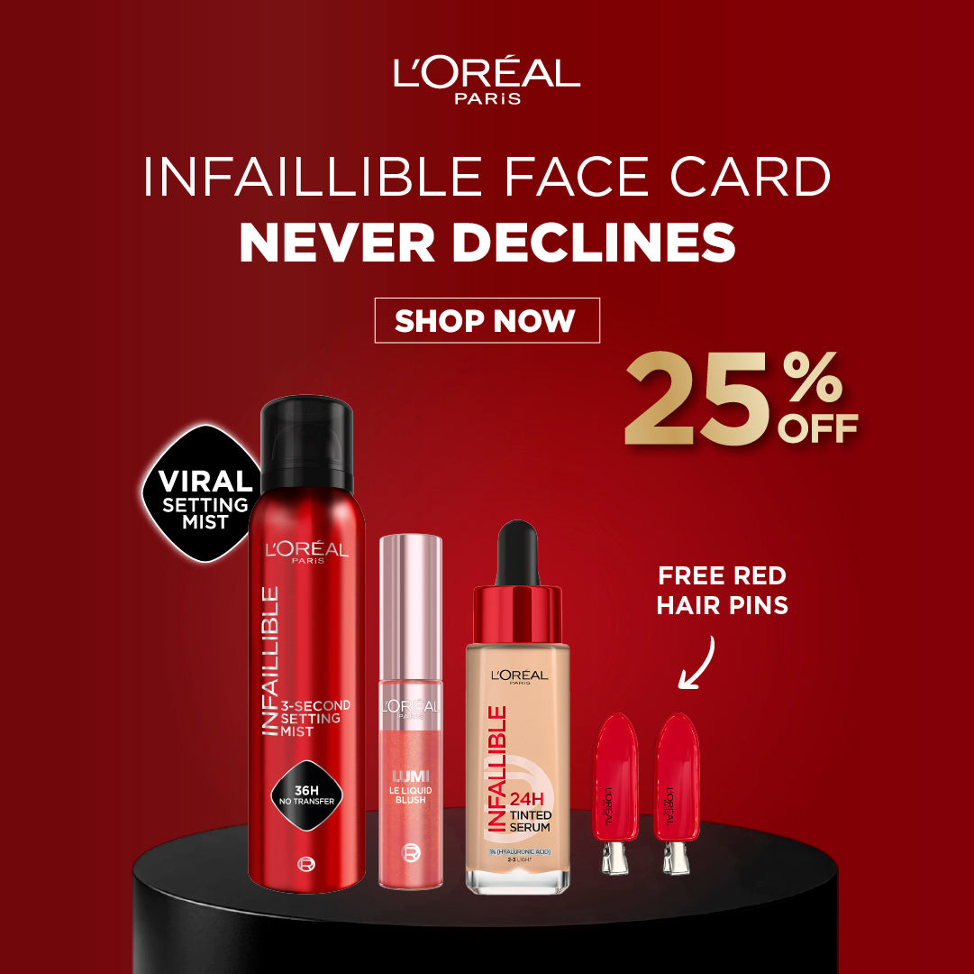 L’Oreal Paris Infallible 24H Tinted Serum + Lumi Le Liquid Blush + 3-Second Setting Mist + Free Hair Pins – 25% Off