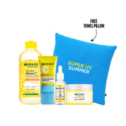 Garnier Micellar Cleansing Water Vitamin C 400ml + Face Bright Serum Vitamin C 30ml + Bright Aqua Gel Vitamin C 50ml + Super UV Cooling Gel 60ml + Get Free Towel Pillow