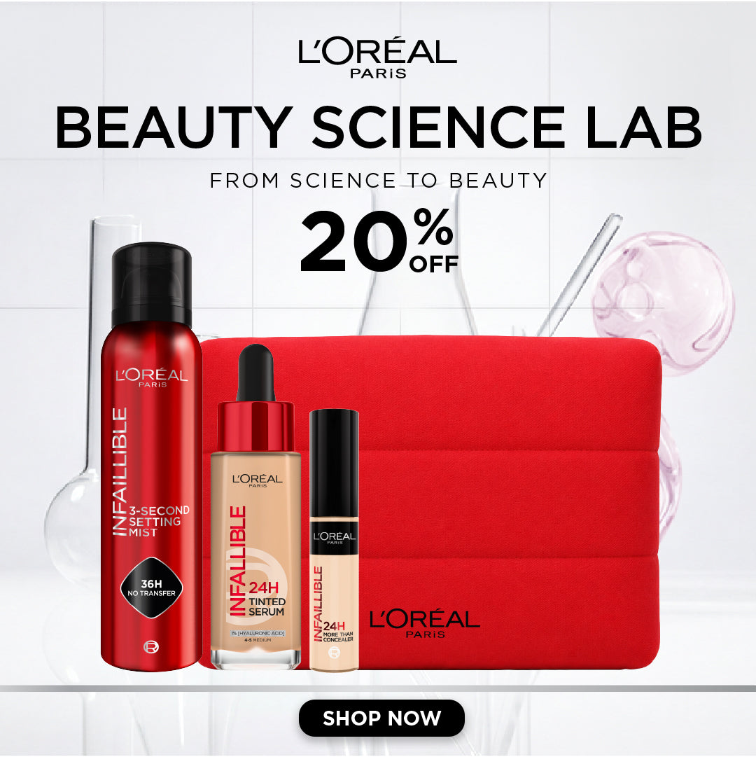 L’Oreal Infallible 3-Second Setting Mist 100ml + 24H Tinted Serum 30ml + 24H More Than Concealer 6ml + Free Red Travel Pouch – Complete Makeup Set