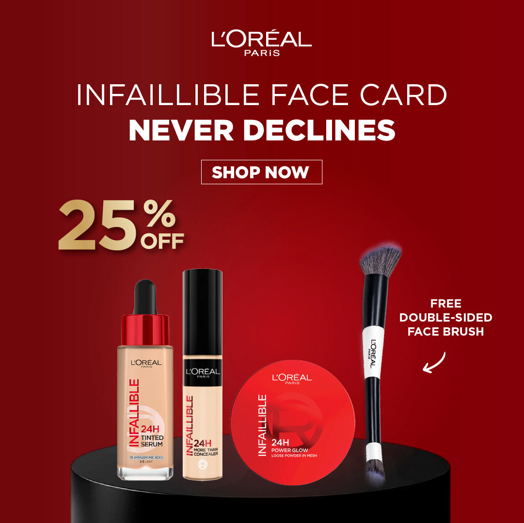 L’Oreal Paris Infaillible 24H Tinted Serum + More Than Concealer + Power Glow Loose Powder + Free Double-Sided Face Brush-25% off