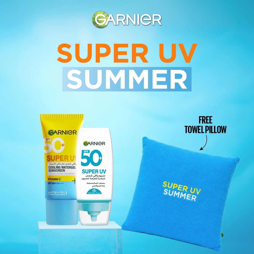 Garnier Super UV Cooling Gel 60ml + Garnier Super UV Anti-Acne 30ml Serum + Get Free Towel Pillow
