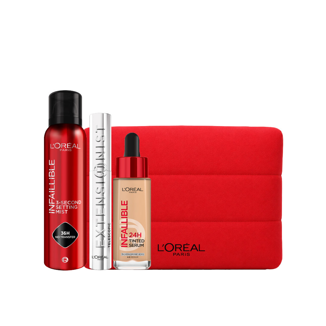 L’Oreal Infallible 3-Second Setting Mist 100ml + L’Oreal Paris Infallible 24H Tinted Serum 30ml + L’Oreal Paris Extreme Lash Sensational Mascara 10ml + Free Travel Pouch Free