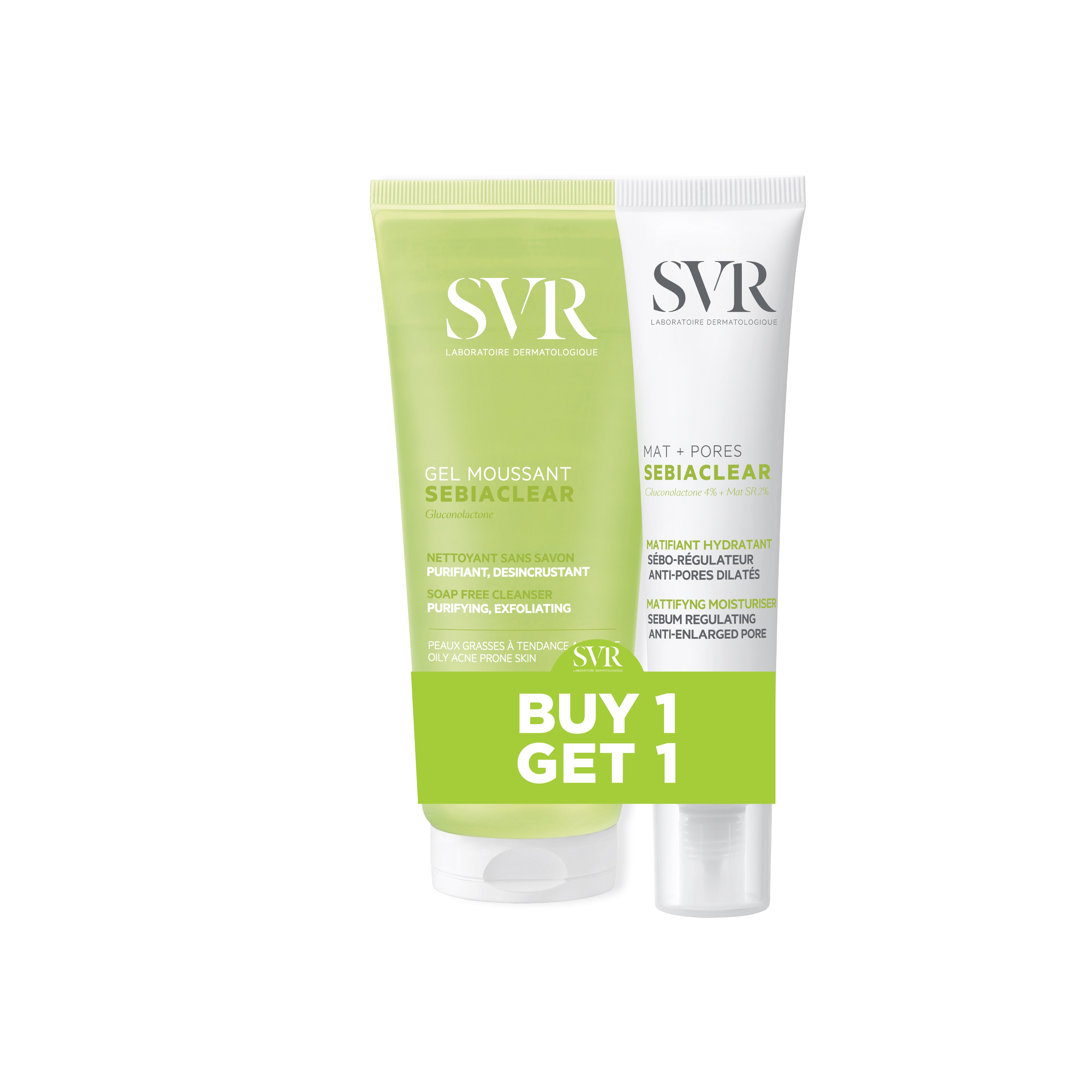 SVR Sebiaclear Mat + Pores Mattifying Moisturiser + SVR Sebiaclear Gel Moussant Cleanser – Buy 1 Get 1 Set