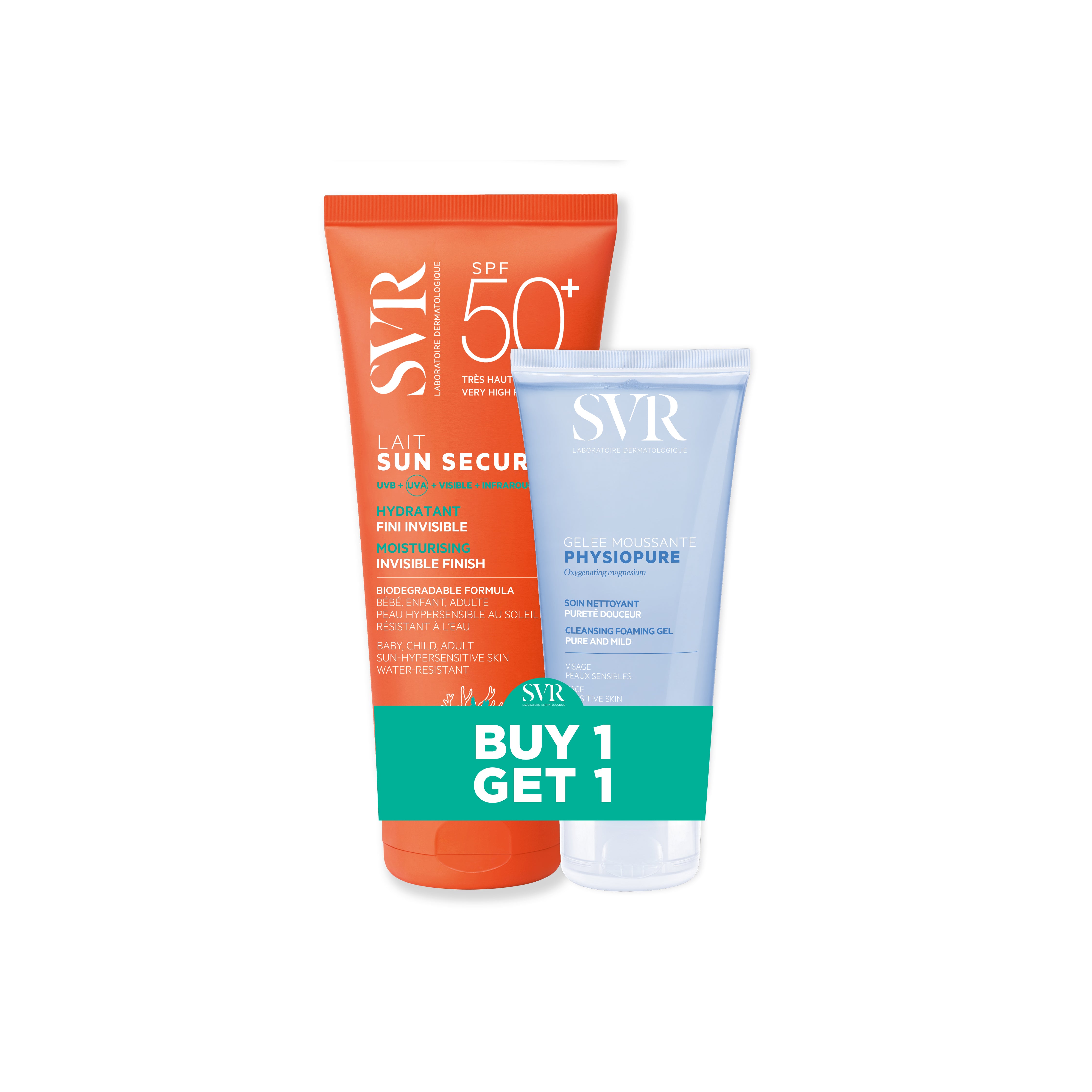 SVR Sun Secure Moisturising Invisible Finish Milk SPF50+ + SVR Physiopure Cleansing Foaming Gel – Buy 1 Get 1 Free Set