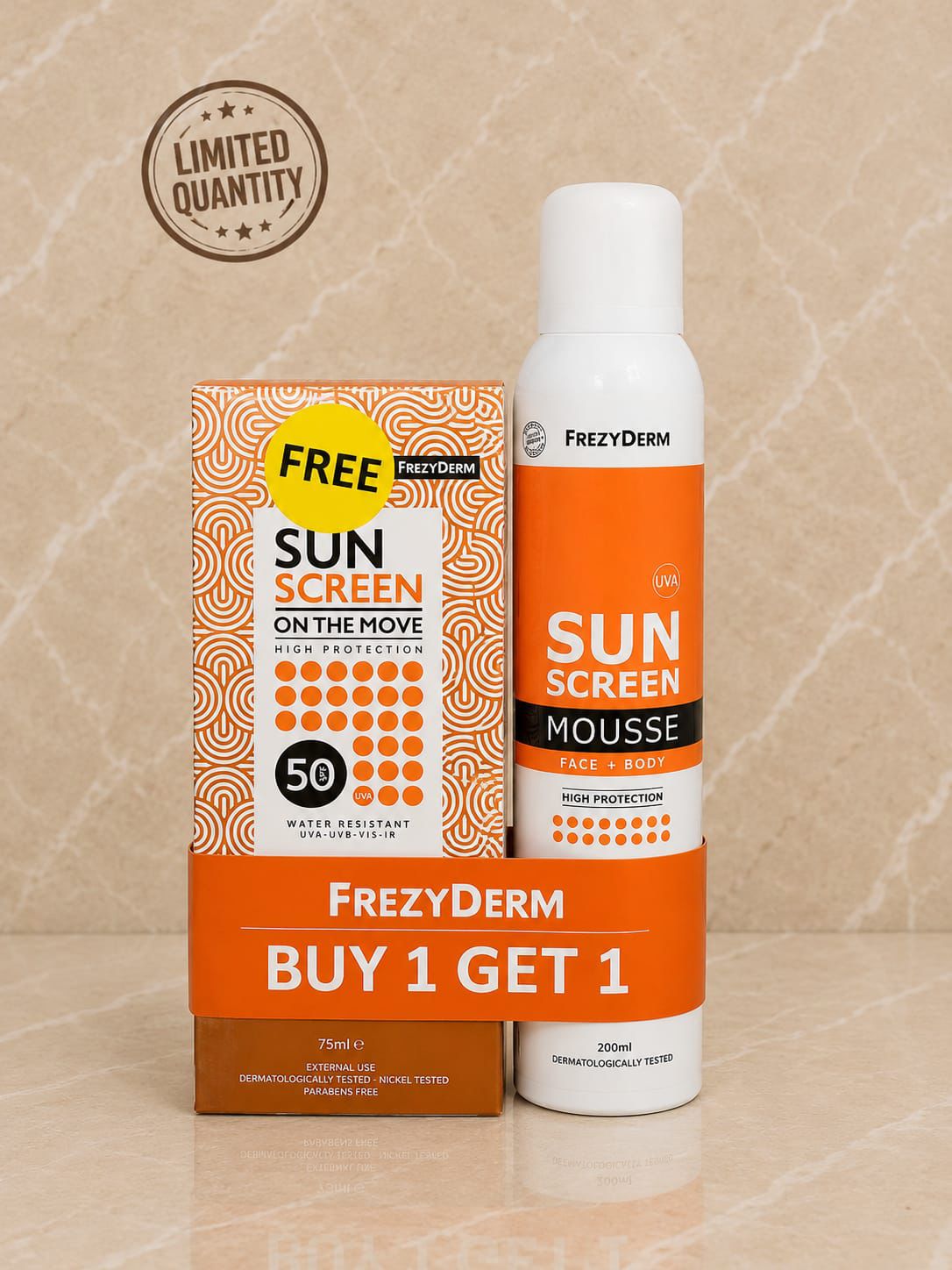 FrezyDerm Sun Screen Mousse Face & Body 200ml + FrezyDerm Sun Screen On The Move SPF50 75ml Free
